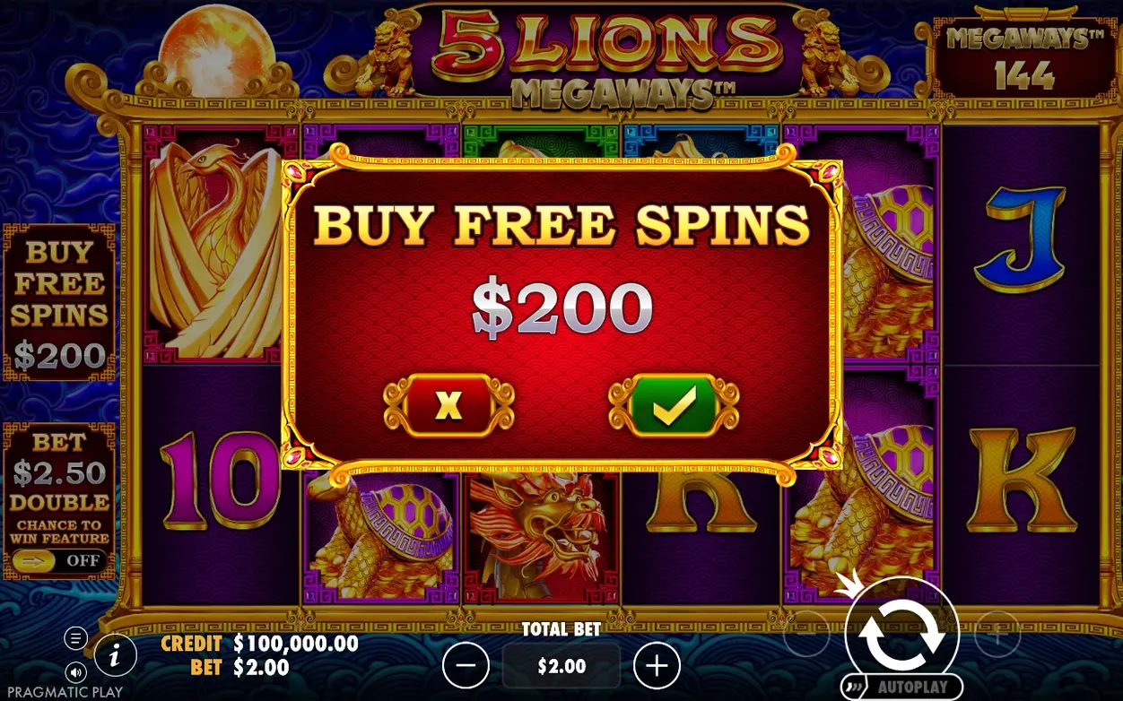 Fereastră de confirmare Buy Free Spins, preț $200, butoane X și bifă, pariu $2.50, Megaways 144.