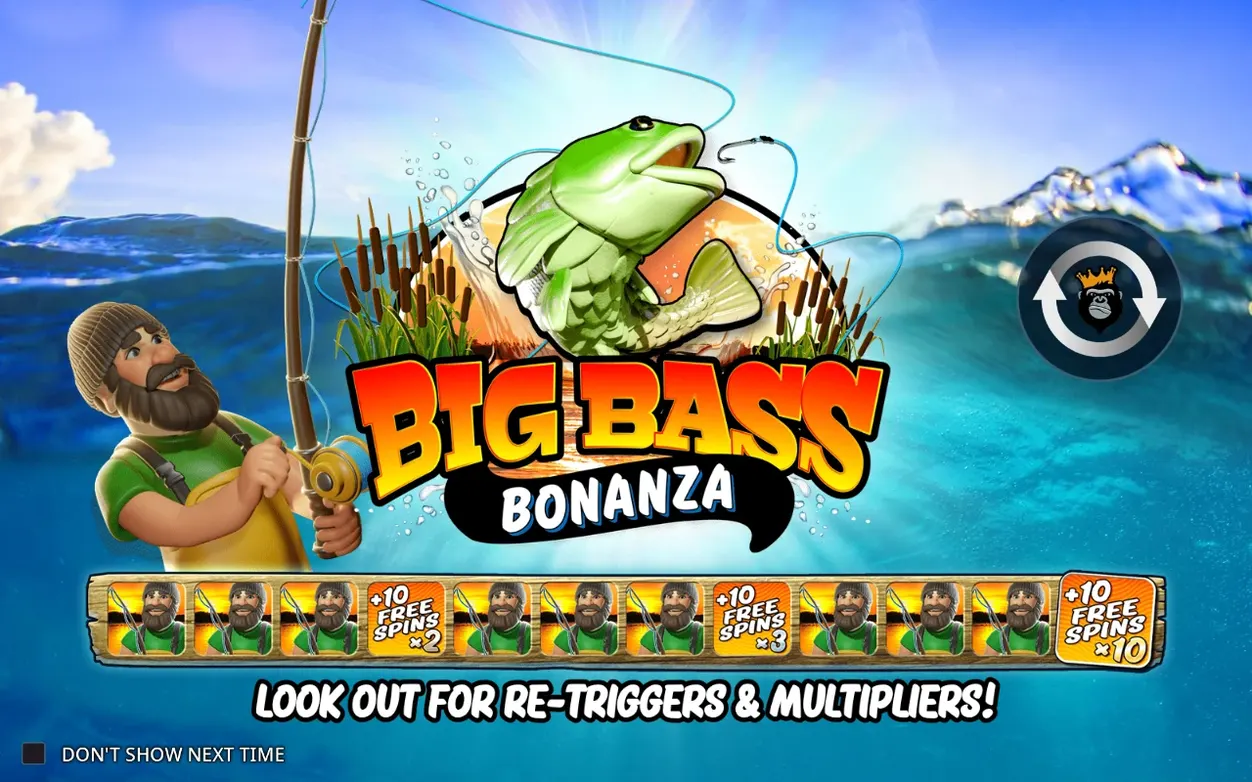 Ecran de start Big Bass Bonanza cu pescarul, peștele sărind și banda cu 12 sloturi de recompensă