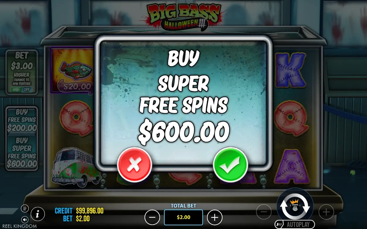 Fereastră de confirmare Buy Super Free Spins, preț 600,00$, buton roșu X și bifă verde.