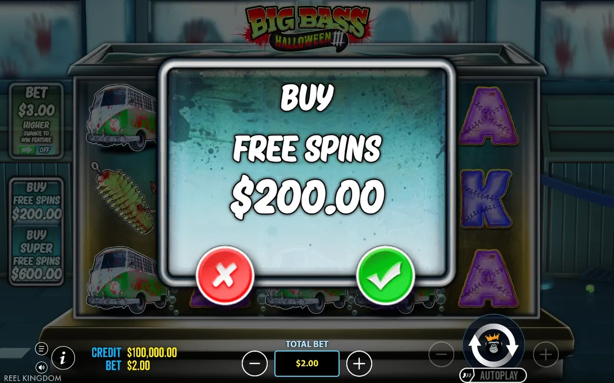 Fereastră de confirmare Buy Free Spins, preț 200,00$, buton roșu X și bifă verde de acceptare.
