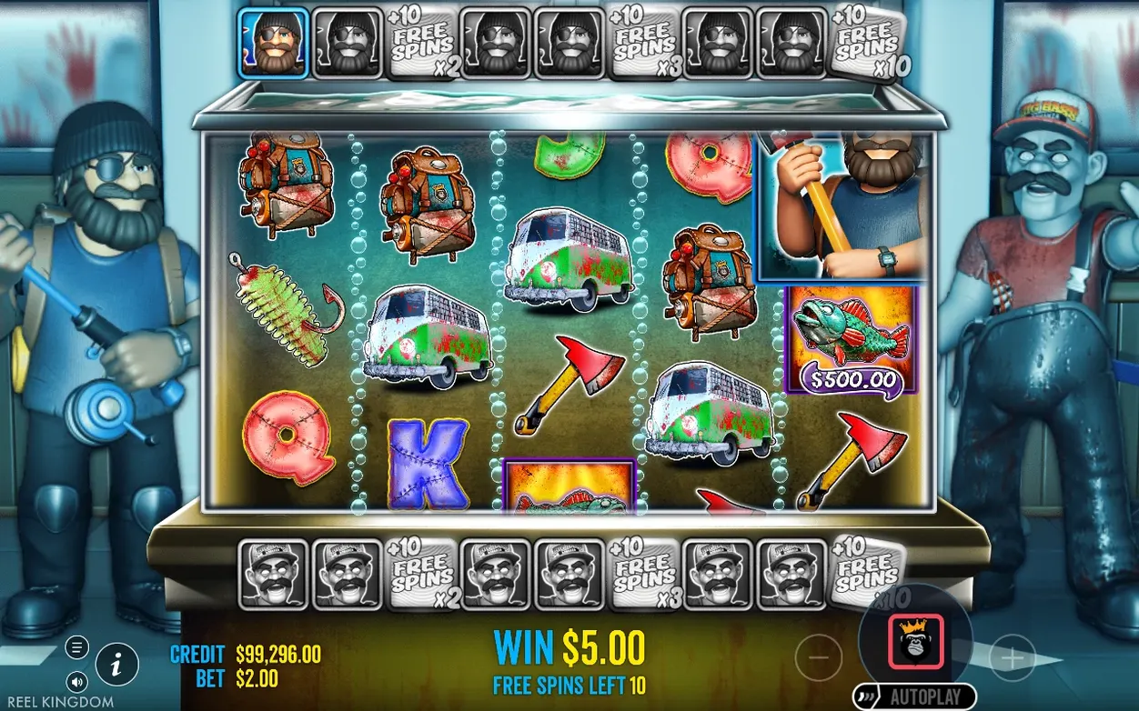 Runda Free Spins cu două bare Wild Fisherman, jaloane +10 Free Spins x2/x3/x10, câștig 5,00$, 10 rotiri rămase.