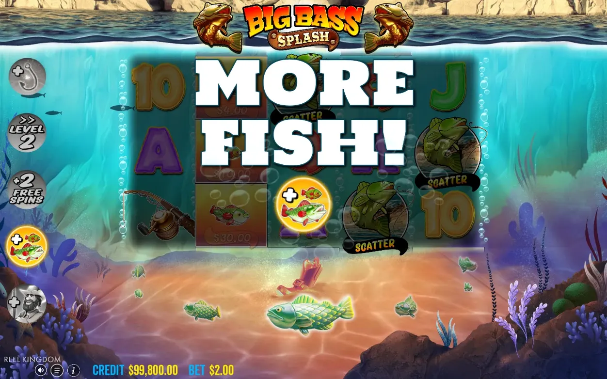 Textul „MORE FISH!” acoperă rolele cu simboluri scatter, credit $99,800.00, pariu $2.00.