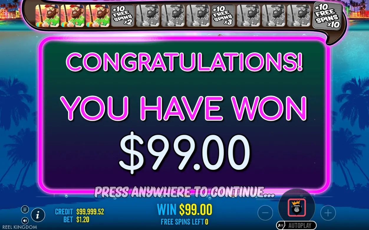 Panou roz-neon: CONGRATULATIONS! YOU HAVE WON $99.00, free spins left 0