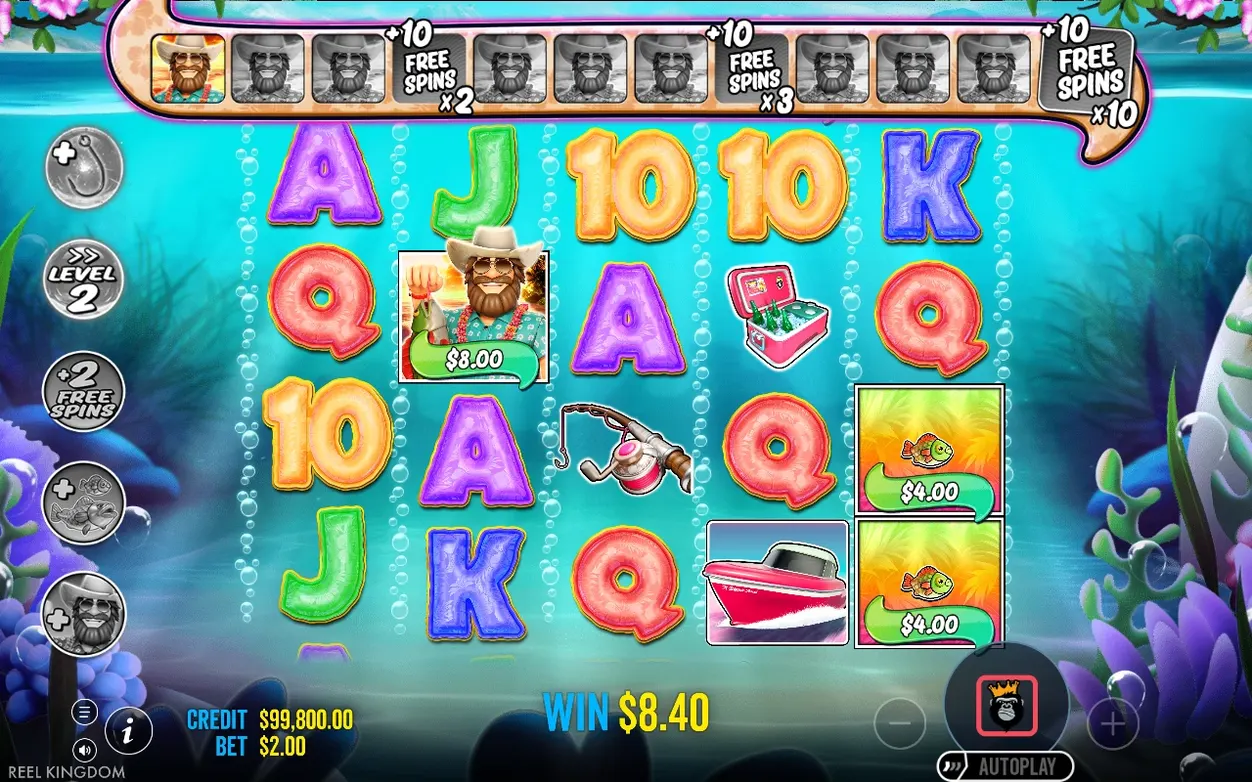 Bara de Free Spins arată portrete de pescar colectate, praguri +10 Free Spins x2 și x3, câștig $8.40.