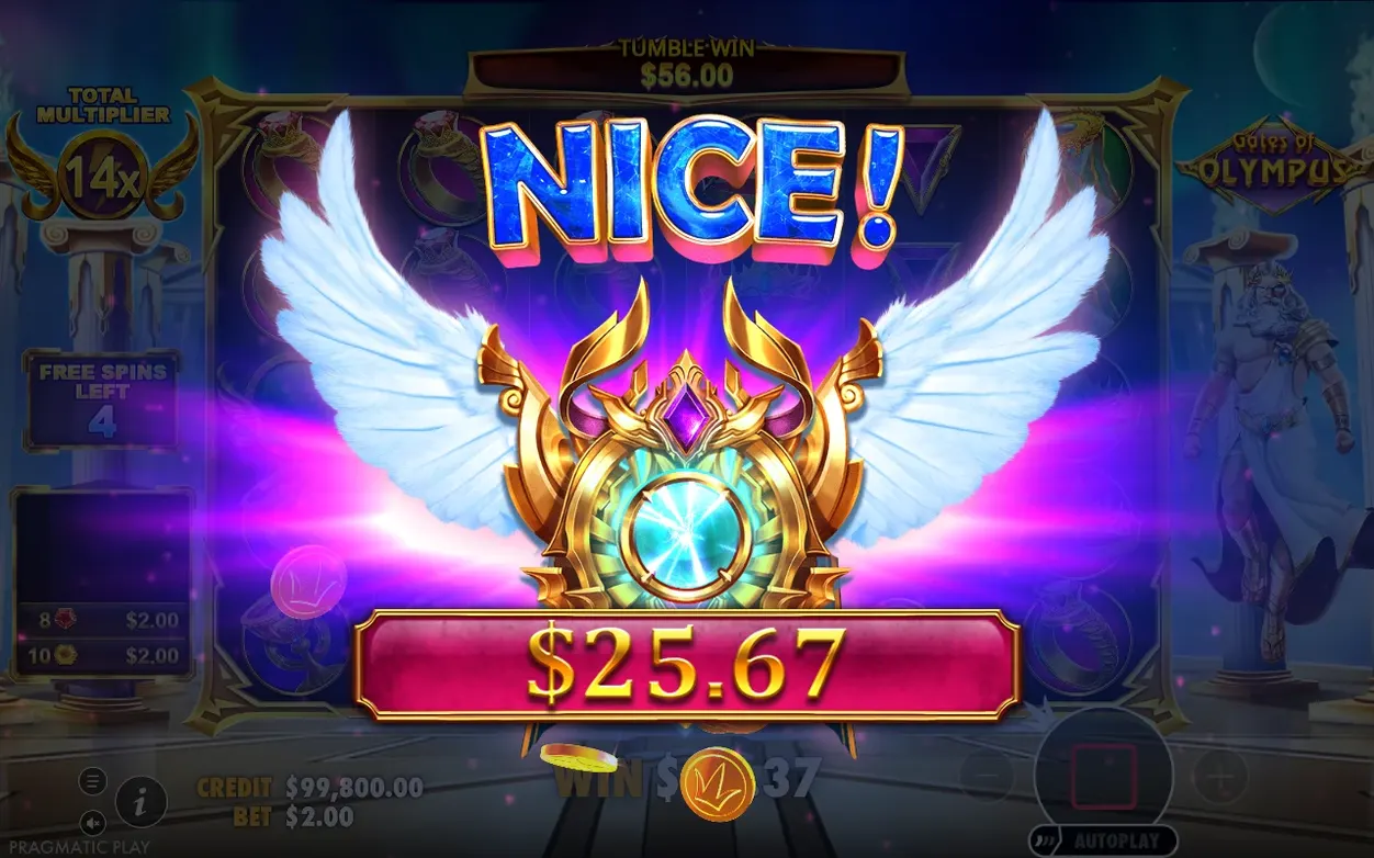 Ecran NICE cu emblemă înaripată, total multiplier 14x, tumble win $56.00, câștig $25.67, 4 free spins rămase