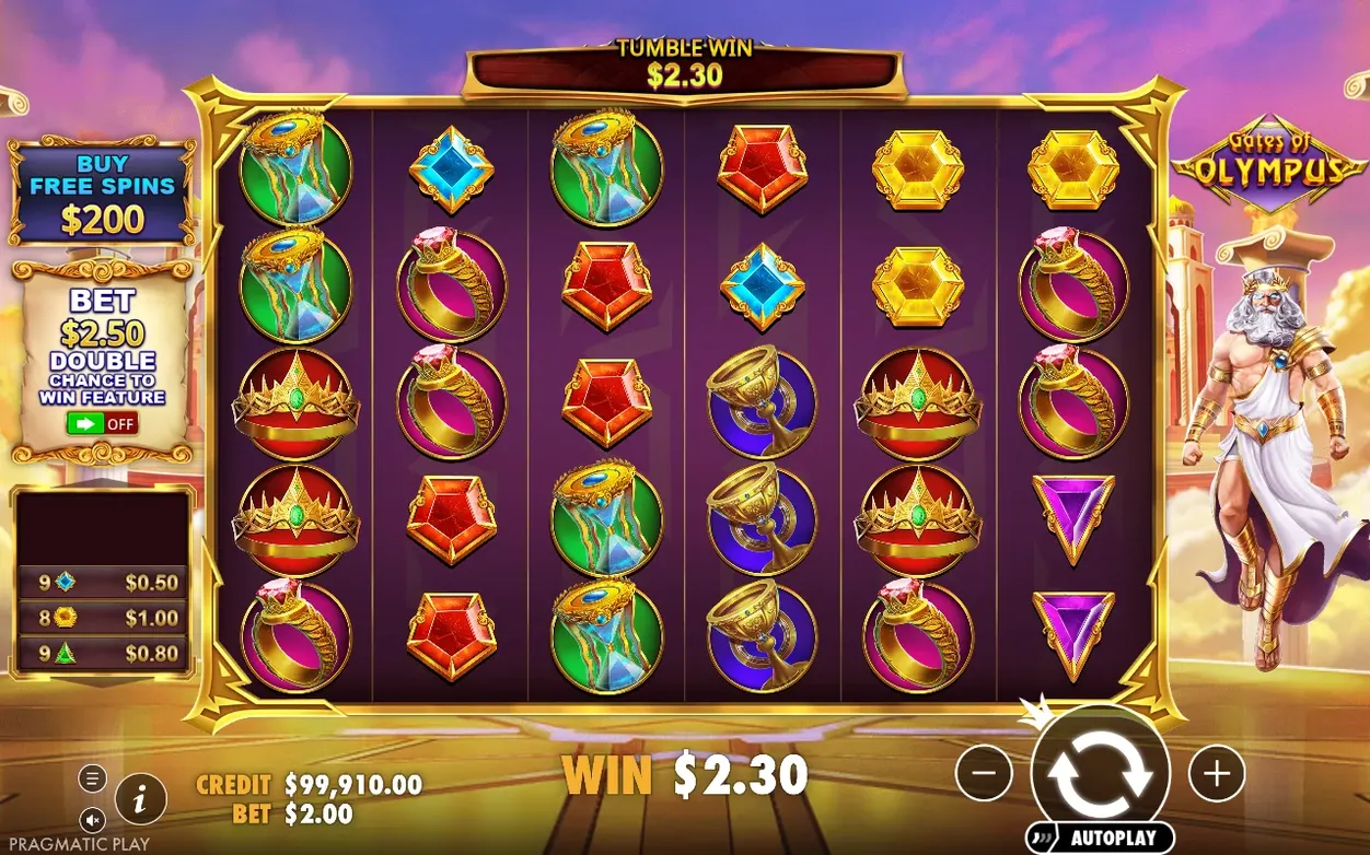 Banner TUMBLE WIN $2.30 deasupra grilei, câștig $2.30, pariu $2.00, dublă șansă activată la $2.50