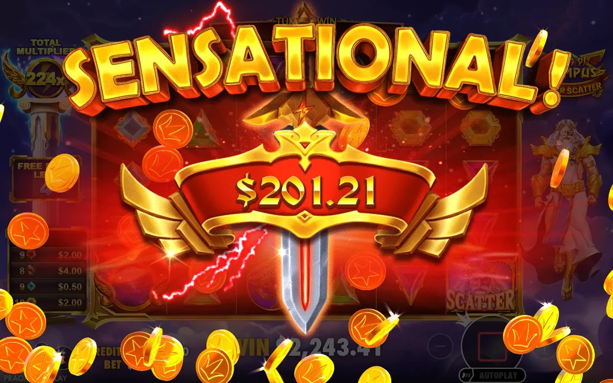 Ecran SENSATIONAL: câștig $201,21, multiplicator total 224x, monede de aur cad peste grilă.