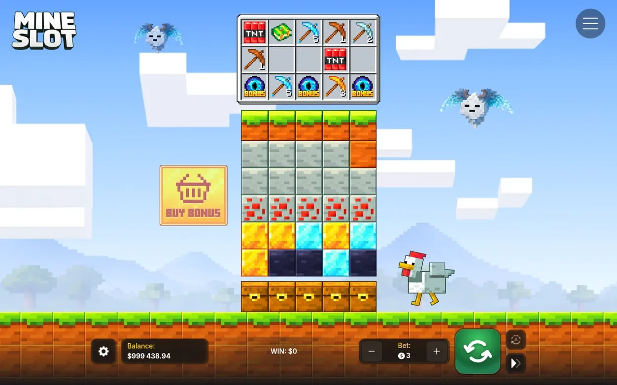 Grilă cu TNT, târnăcoape și trei simboluri BONUS, deasupra câmpului de blocuri și lăzilor