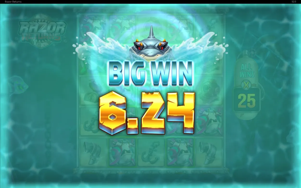 Ecran BIG WIN 6.24 cu cap de rechin, valuri de apă și contorul ALL WINS x25 în dreapta.