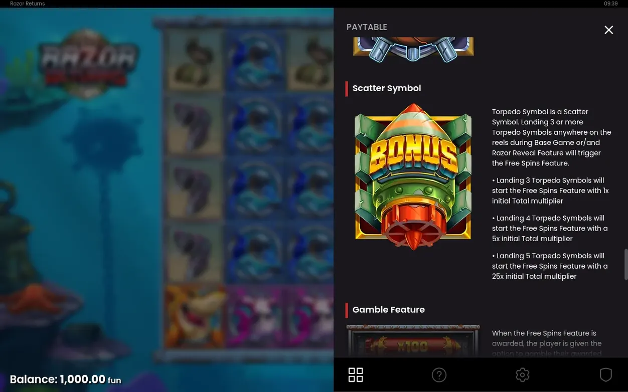 Paytable: simbolul Scatter (torpedo BONUS) și regulile Free Spins Feature cu 3, 4, 5 torpiluri.