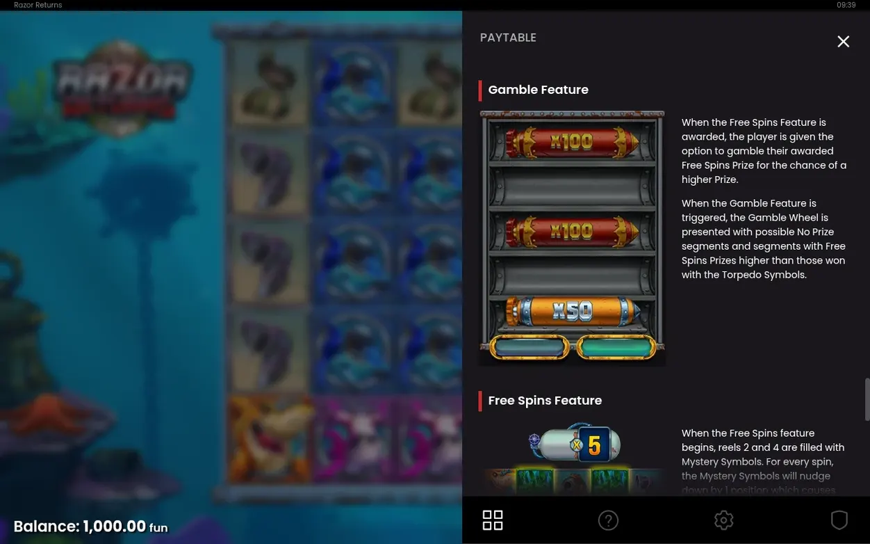Paytable: Gamble Feature cu role etichetate x100, x100, x50 și butoanele Collect, Gamble.