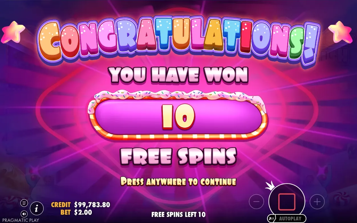 Ecran Congratulations anunțând câștigarea a 10 rotiri gratuite, Free Spins Left 10