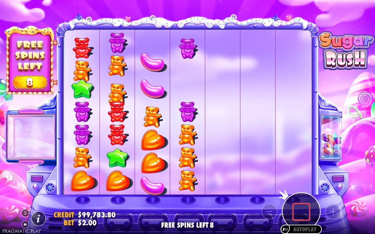 Runda de free spins pe fundal mov, contor Free Spins Left 8, simboluri de ursuleți gumați