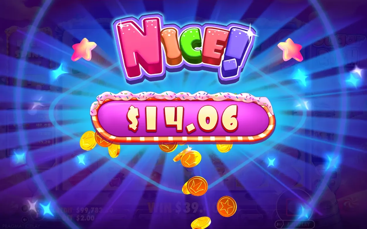 Ecran de câștig NICE! afișând suma $14.06 cu monede de aur căzând pe fundal mov