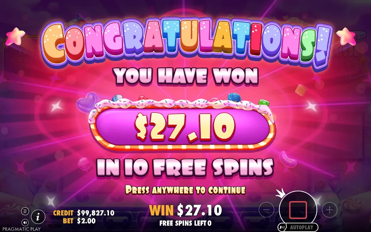 Ecran Congratulations: $27,10 câștigați din 10 Free Spins, Free Spins Left 0