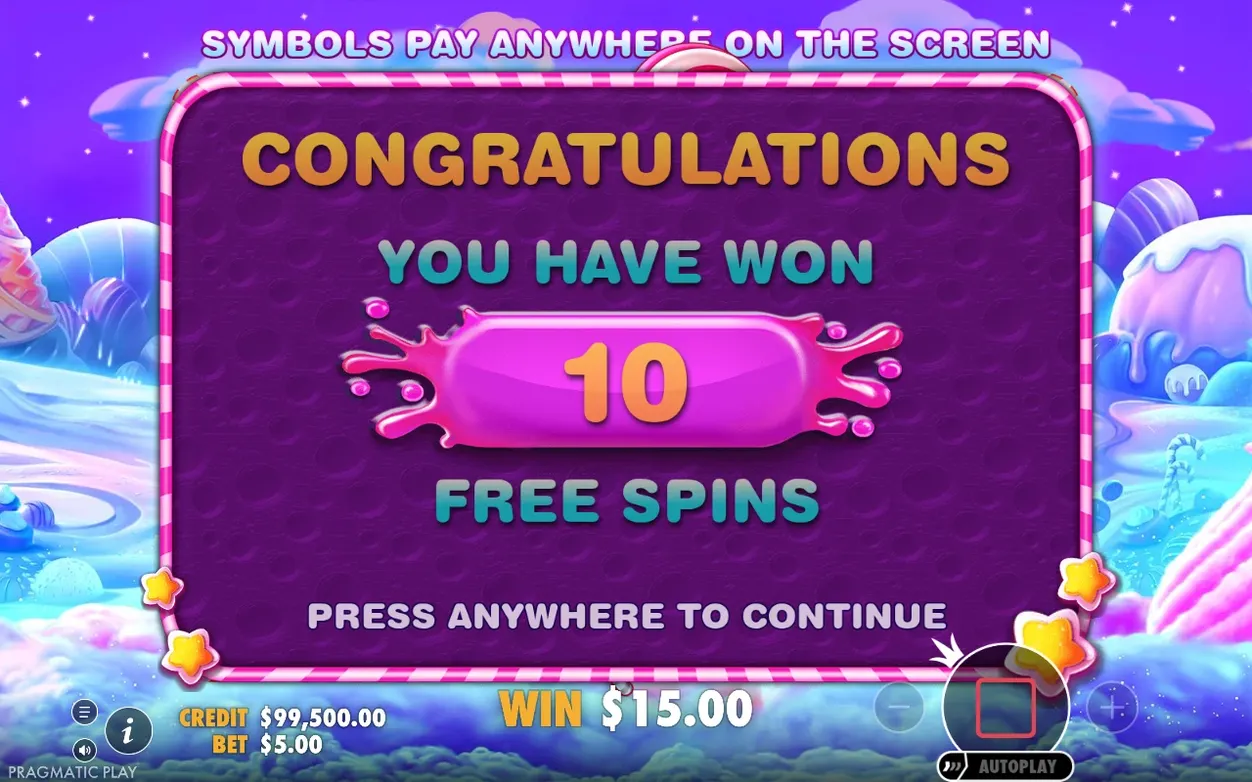 Fereastră Congratulations: ai câștigat 10 Free Spins, WIN $15.00, CREDIT $99,500.00, fundal violet.