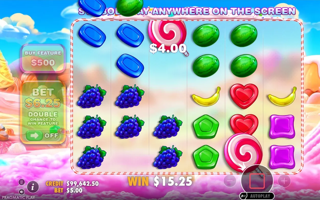 Grilă de bază cu bomboane, un lollipop scatter la $4.00, WIN total $15.25 și pariu $6.25.