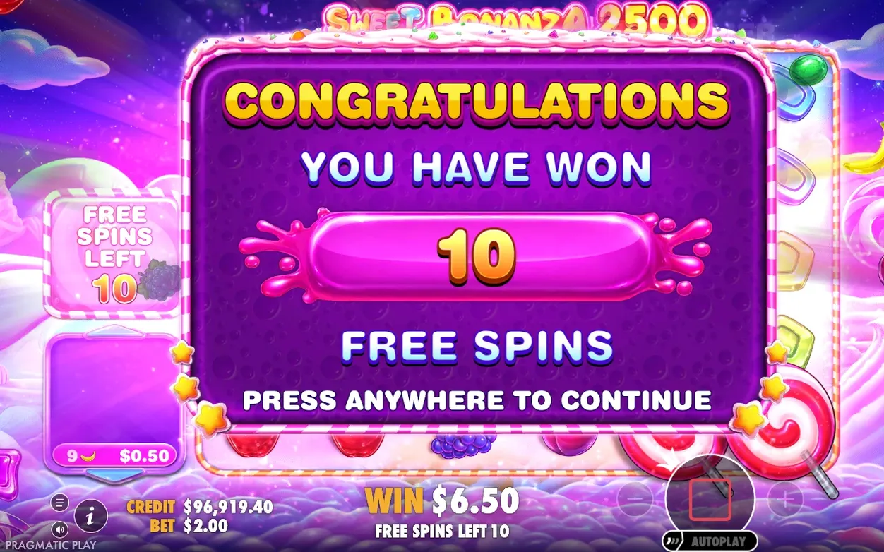 Congratulations popup: 10 free spins won, free spins left 10, win $6.50, credit $96,919.40, bet $2.00
