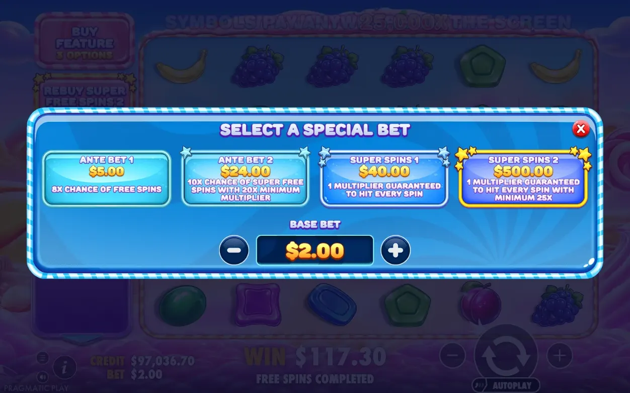 Special bet menu: Ante Bet 1 $5, Ante Bet 2 $24, Super Spins 1 $40, Super Spins 2 $500, base bet $2.00