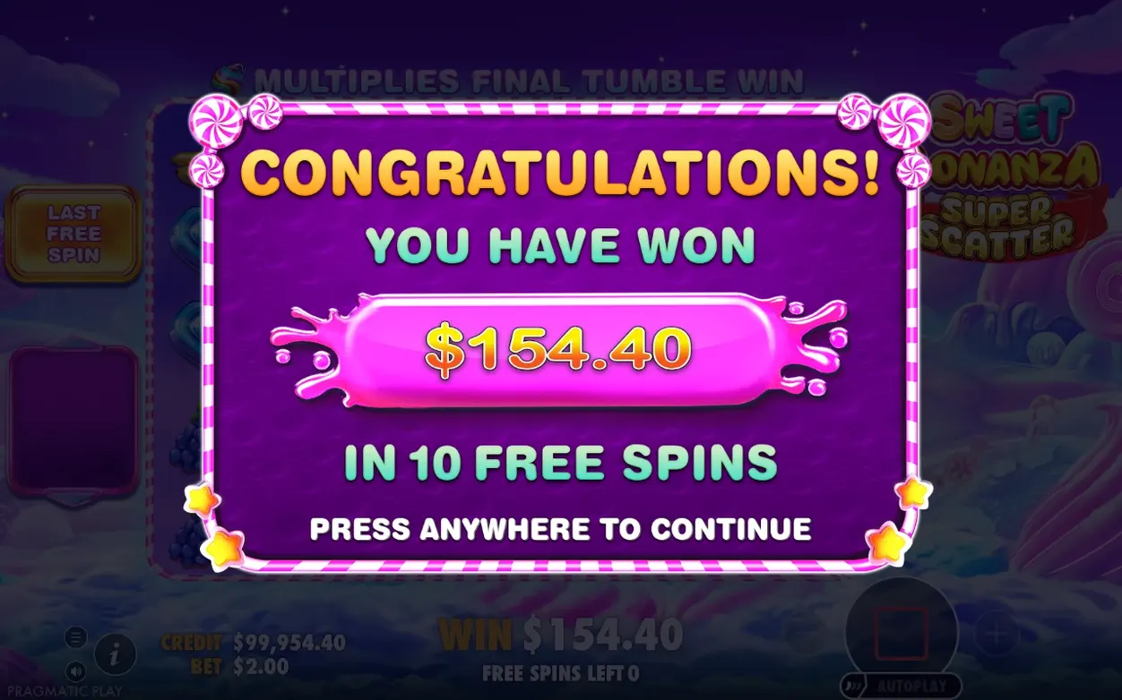 Popup CONGRATULATIONS arată câștig de $154.40 din 10 free spins, pe fundal violet cu stele