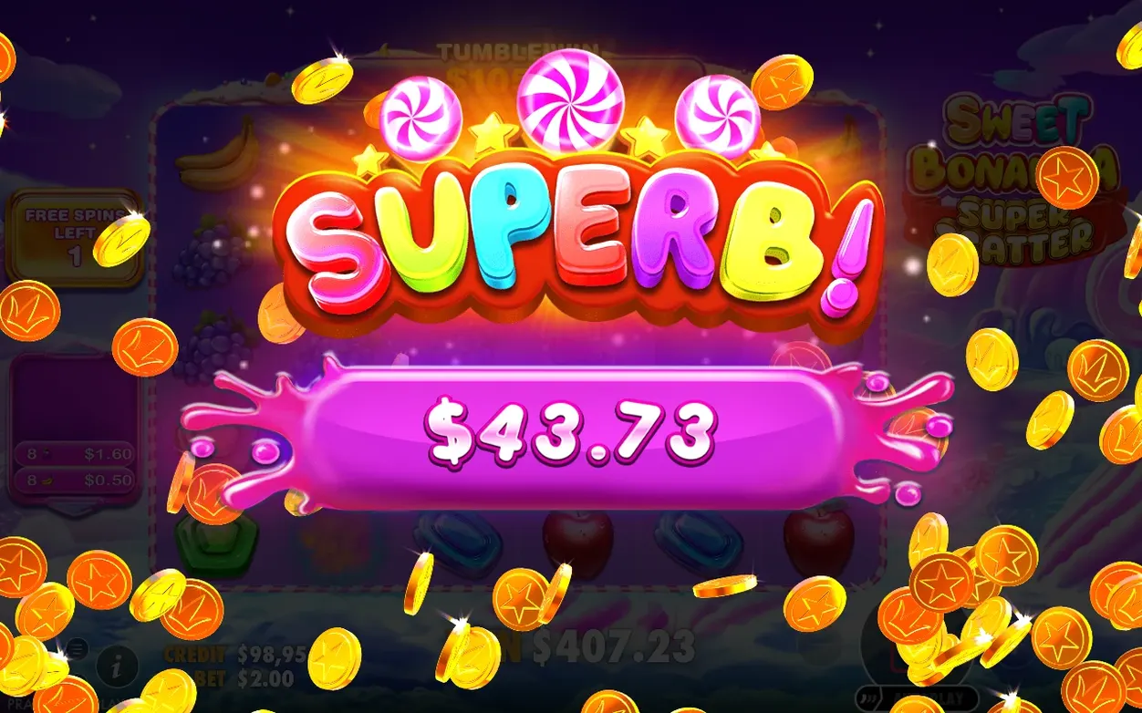 Ecran SUPERB cu câștig de $43.73 în timpul free spins, monede de aur căzând pe fundal violet