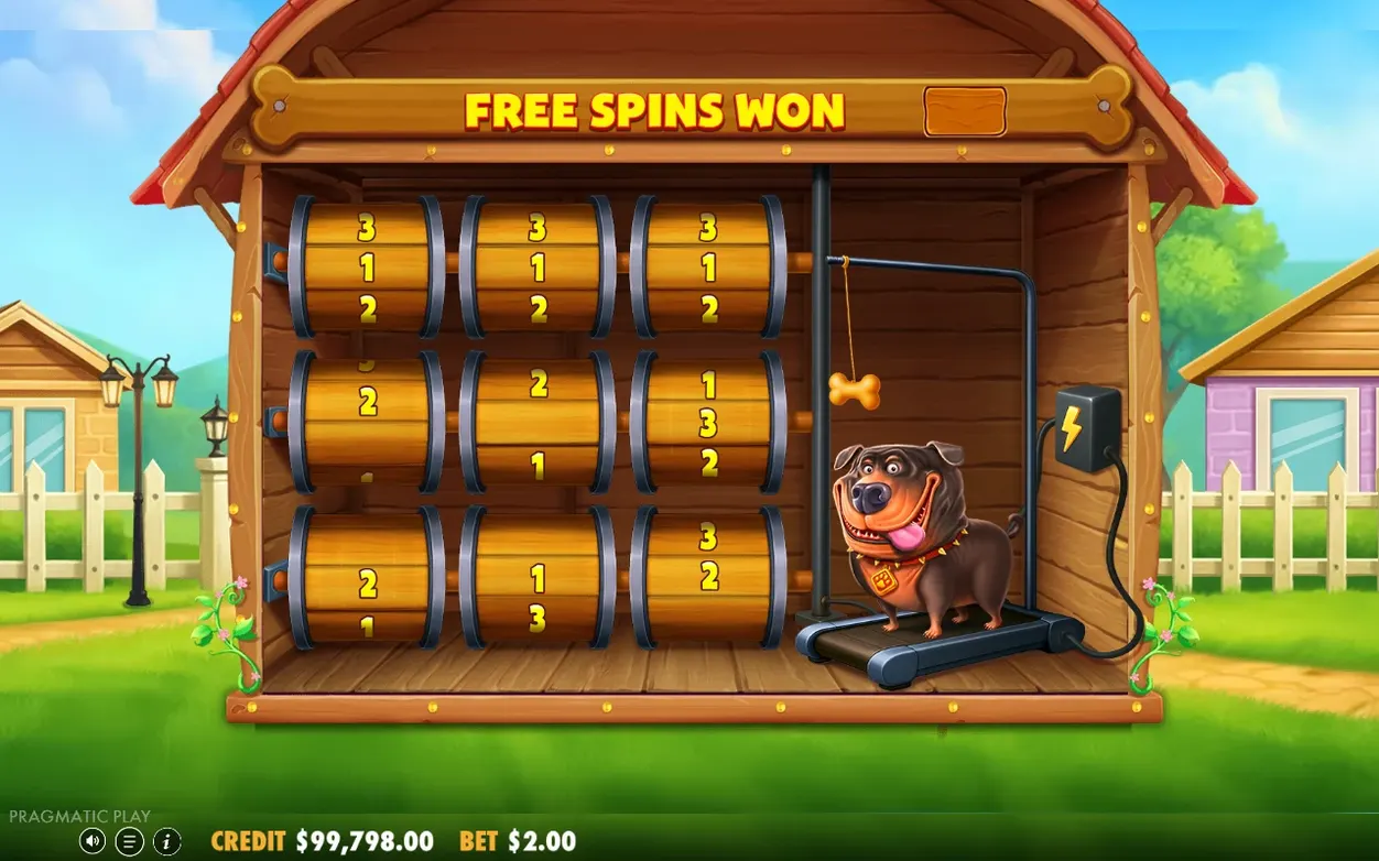 Ecranul Free Spins Won arată grila 3x3 cu butoaie numerotate și câinele alergând pe bandă.