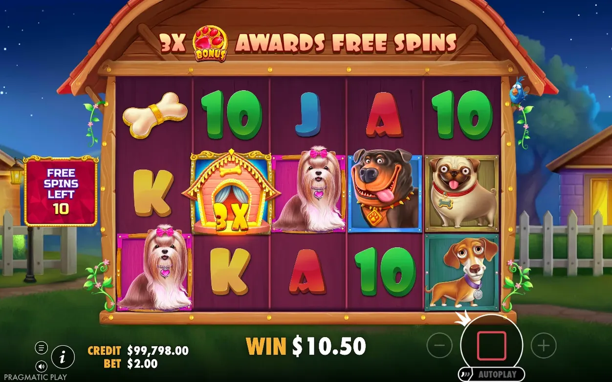 Rundă de Free Spins cu simbol Wild 3x, 10 rotiri rămase și un câștig de $10.50 afișat.