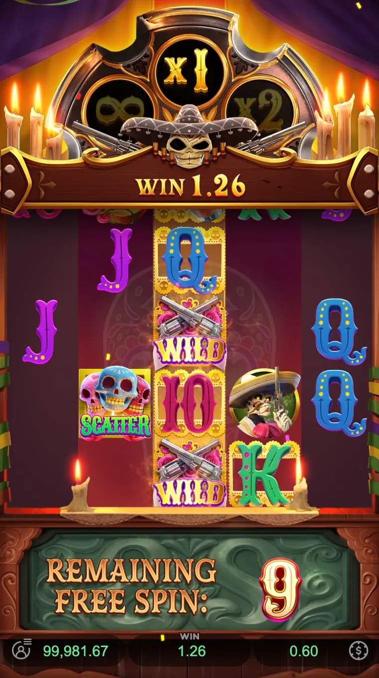 Free Spins, multiplicator x1, castig 1.26, 9 rotiri ramase, coloana centrala cu simboluri aurii