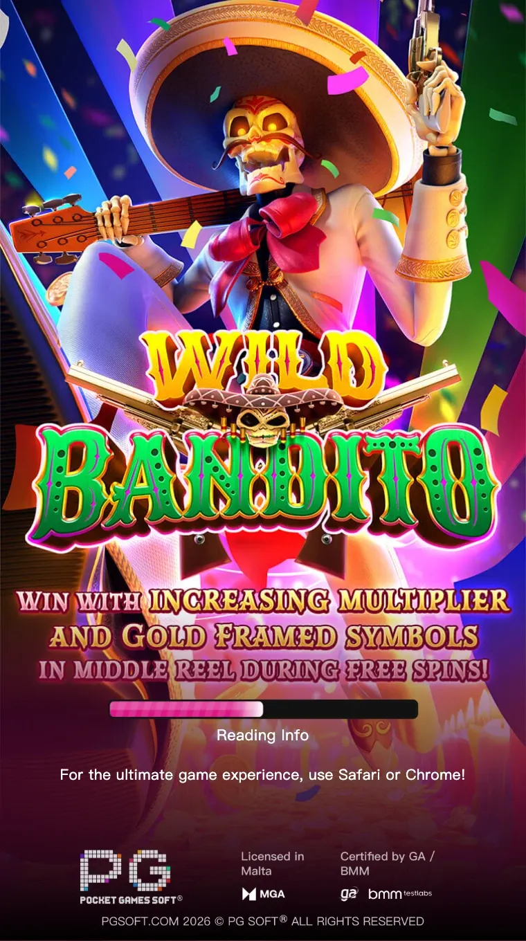 Ecran de incarcare Wild Bandito: schelet mariachi cu sombrero, pistoale si chitara, confetti colorate