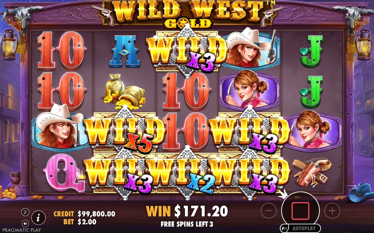 Role cu șase simboluri WILD cu multiplicatori x3, x5, x2, x3; câștig $171.20, mai sunt 3 rotiri gratuite.